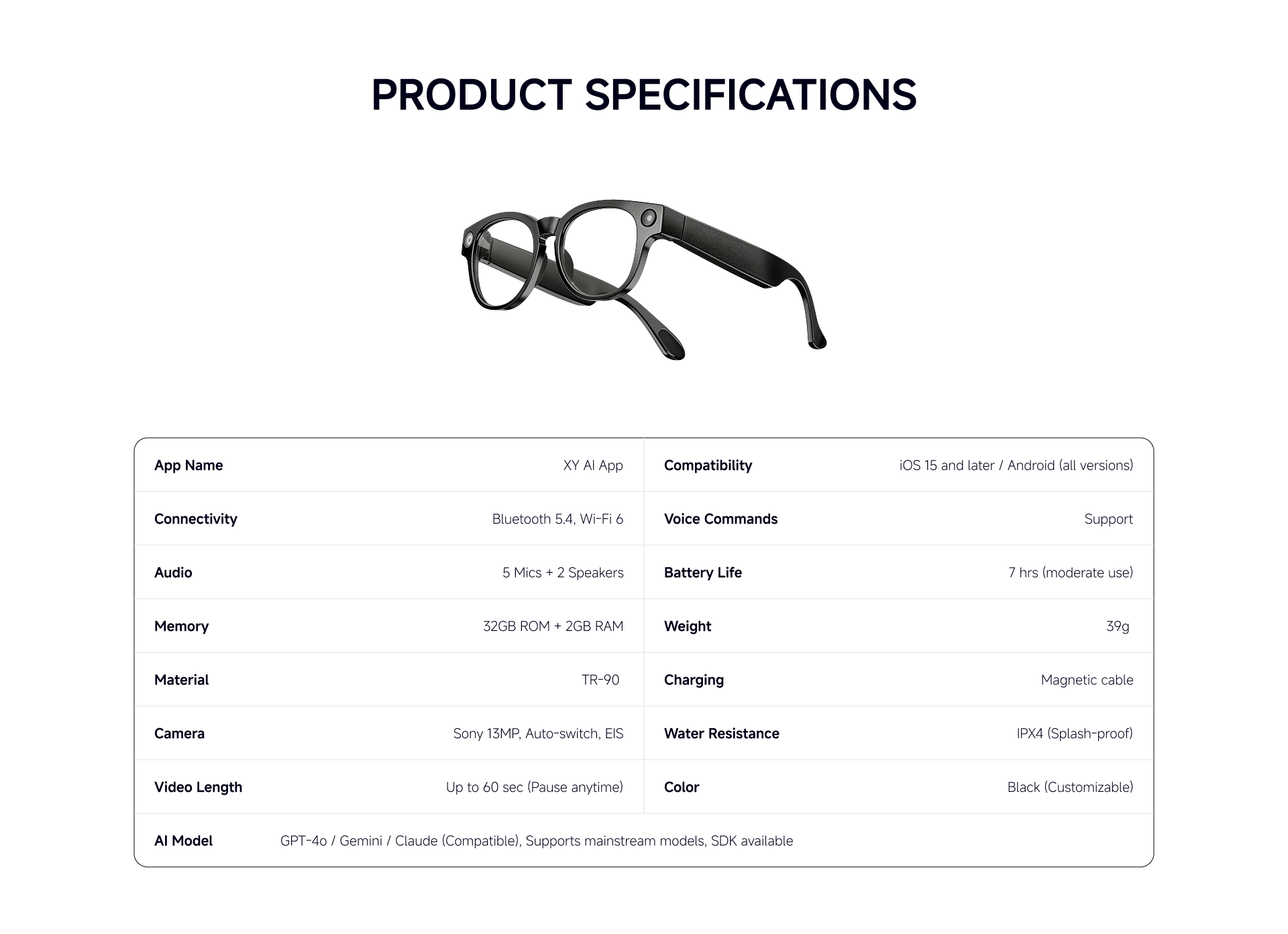 K900 product specifications table image