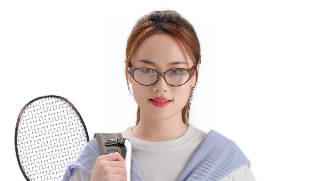 Mimosa AR99-MY cat-eye eyewear styling reference with a wearer holding a racket