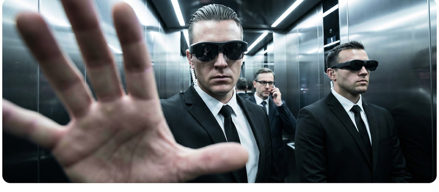 Illustrative field team wearing smart glasses in an elevator