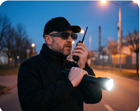 Illustrative night search worker wearing smart glasses and carrying a flashlight